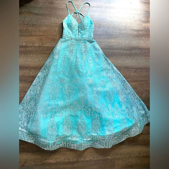 Collette for Mon Cheri aqua v-neck A-line prom gown beaded maxi sz 4 EUC - Picture 10 of 16